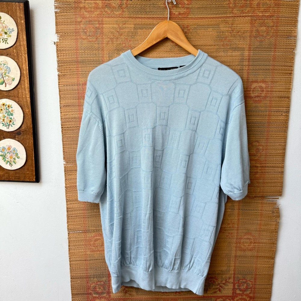 Men's 90s Light Blue Sweater Knit Shirt Vintage
